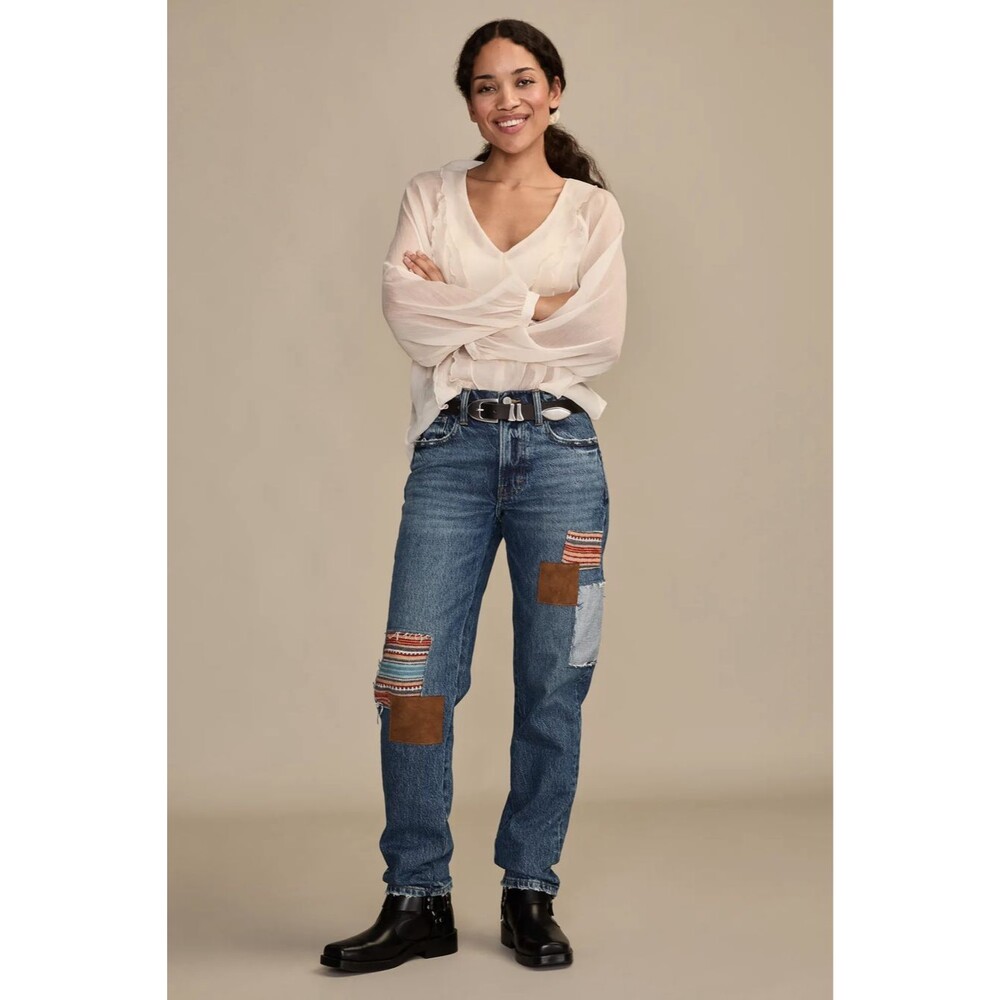 NWT Lucky Brand Boy Mid Rise Relaxed Straight Patchwork Jeans Women 00/24 Cuff